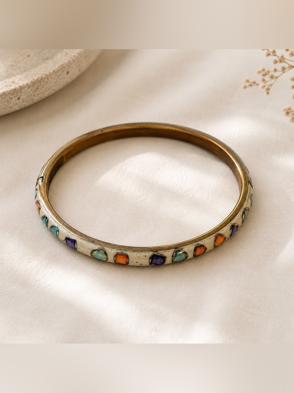 Vintage Multicolor Inlay Enamel Bangle Bracelet Boho Southwestern Style